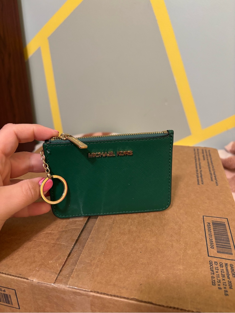 Michael Kors Emerald Green Saffiano Zip Card Holder with Gold Key Ring